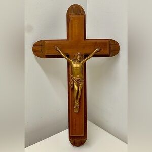 Mid Century Vintage Wall Mounting Hardwood Metal Last Rites Christian Crucifix